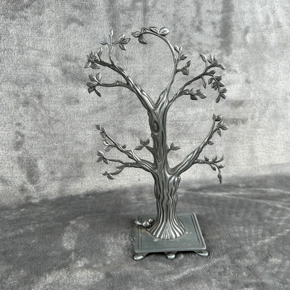 Pewter Tone Metal Tree Jewelry Ornament Stand Necklace Organizer Bird Detail
